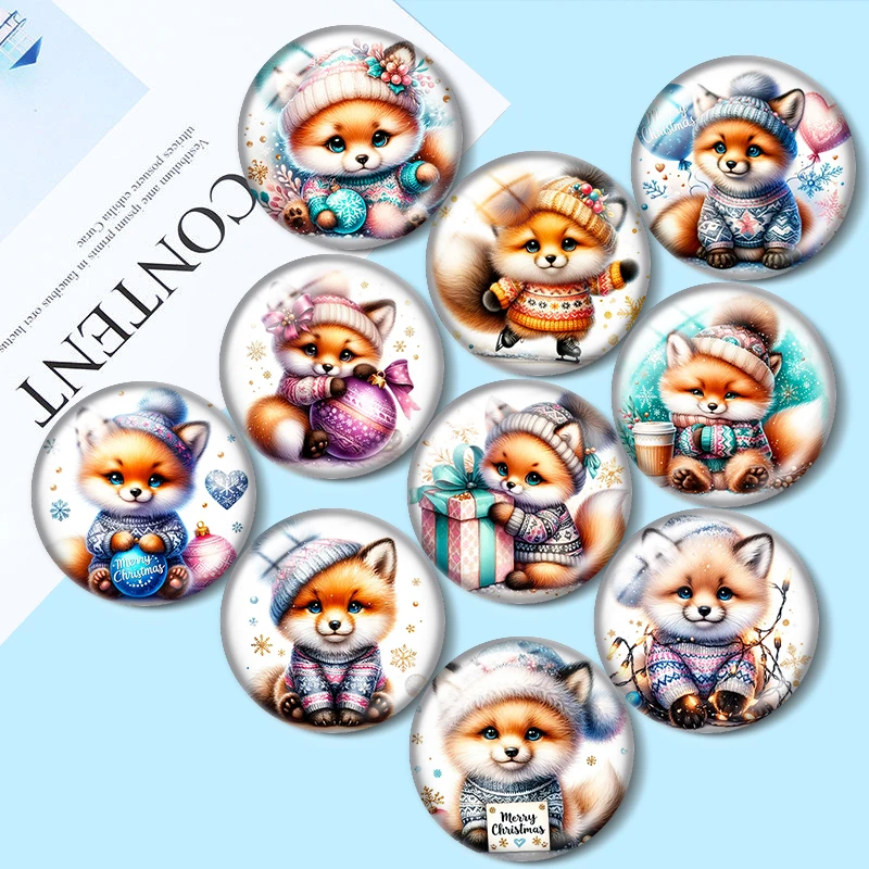 Watercolour Christmas fox 10pcs 12mm/18mm/20mm/25mm Round photo glass cabochon flat back Making findings for bracelets