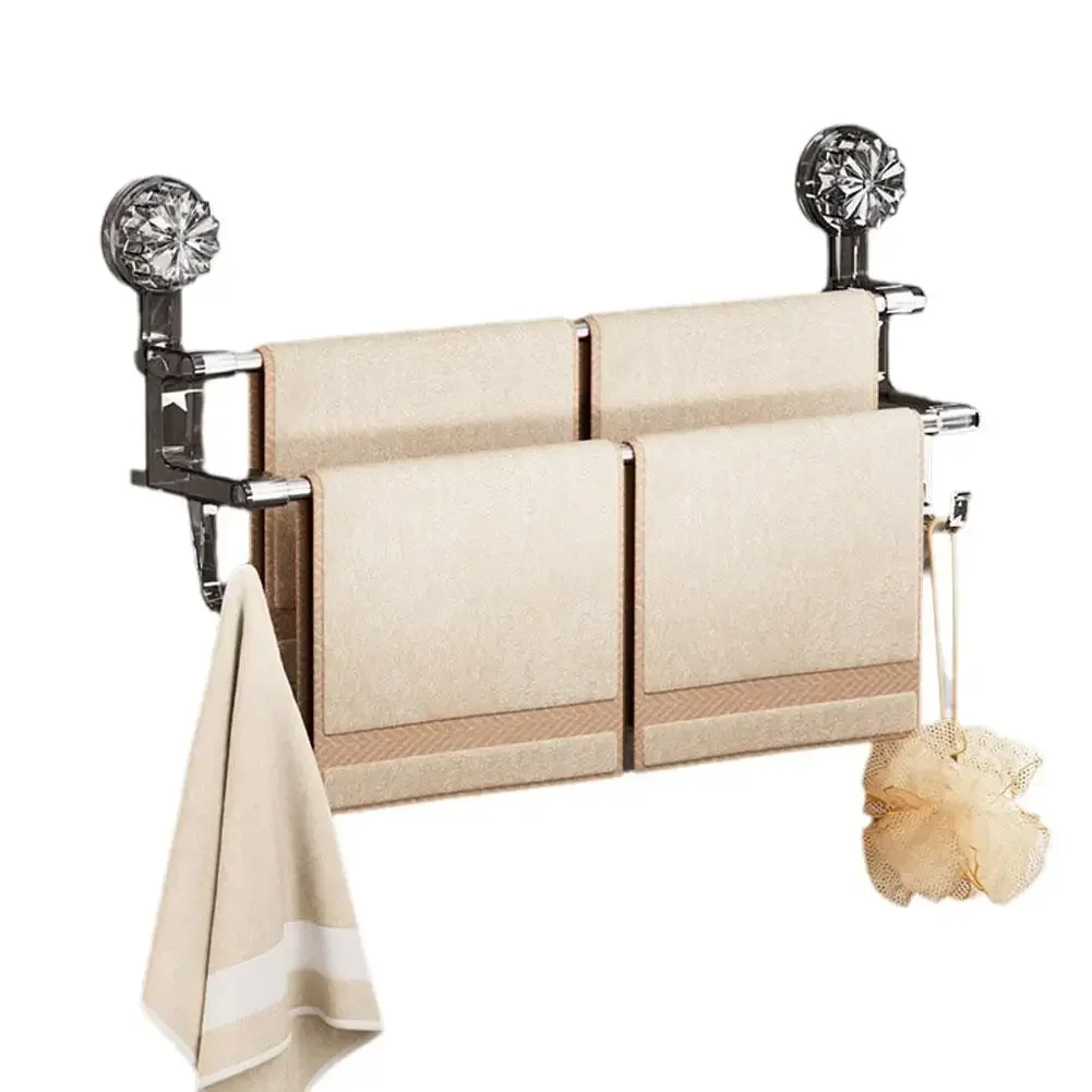 Dual-layer Suction Cup Towel Rack Stainless Steel Bath Towel Holder Shower Door  Rack Transparent Bath  Storage Rack