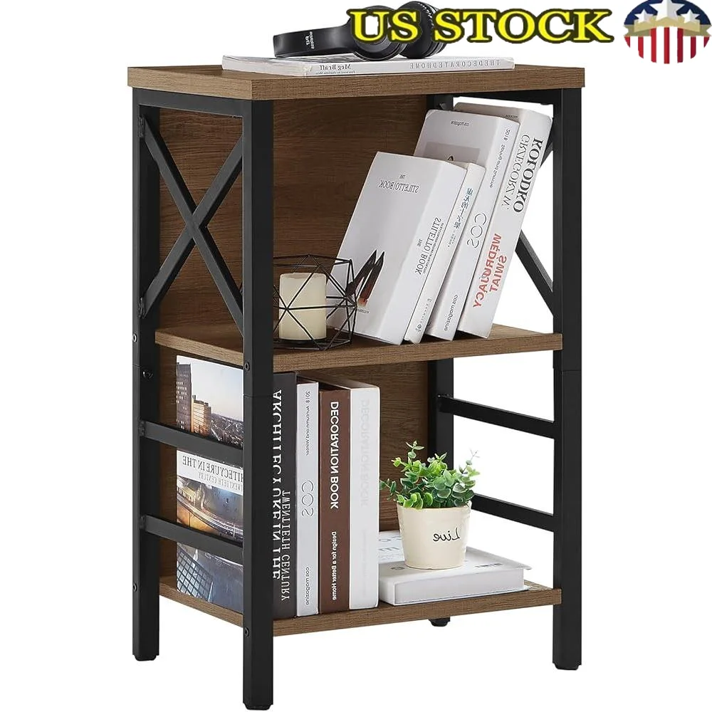 

3 Tier Industrial Small Bookcase Sturdy Rustic Bookshelf Metal Frame Open Storage Unit Easy Assembly Living Room Bedroom Home