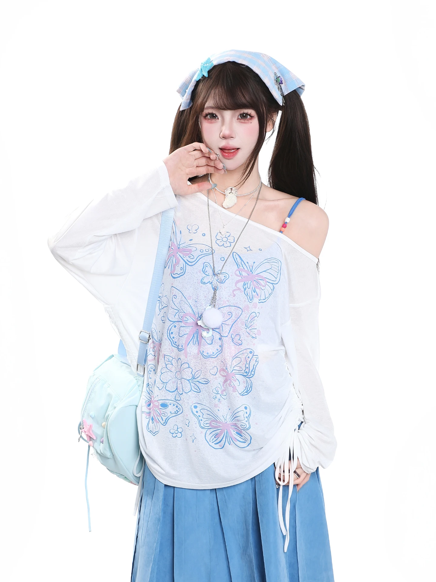 Millennial  Print Long Sleeve Cover up Women's Autumn Shoulder Bared Sun Protection Two Piece Set Lazy Loose Beautif...