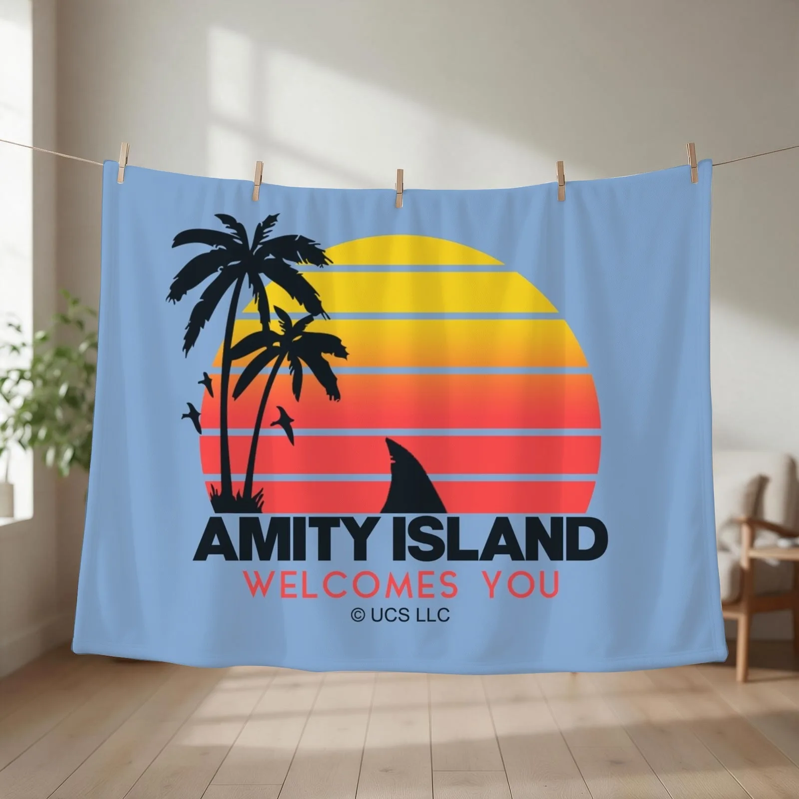 Jaws movie Amity Island welcomes you. Birthday party gifts. Officially licensed merch. Throw Blanket