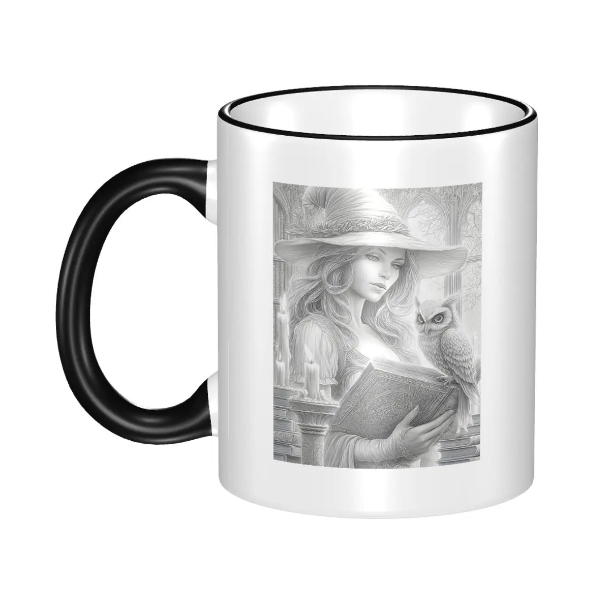Mystic Witch And Owl Enchanted Grimoire Grayscale Mug Funny Ceramic Coffee Cups Tea Mugs Milk Cup Drinkware Gift for Friends