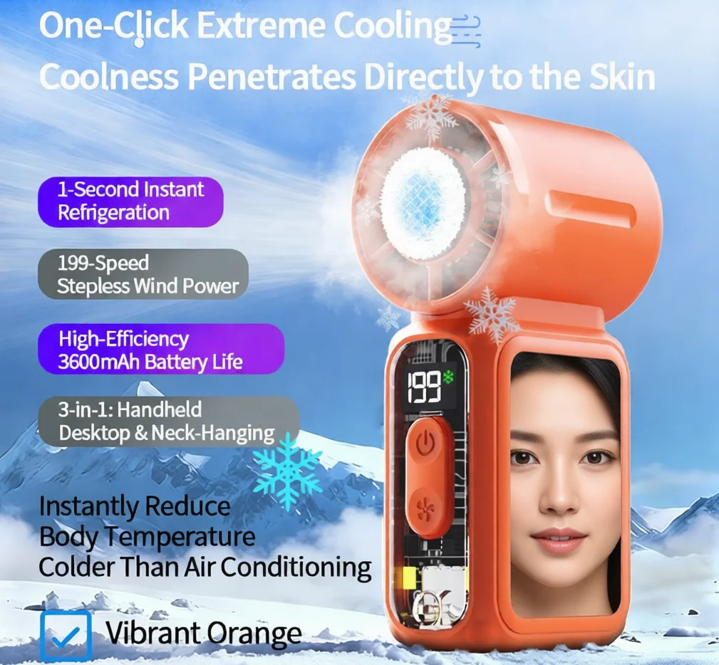 Super Mini Rechargeable Handheld Cooling Fan Powerful Wind Ultra-Quiet Ice Function Fan Digital Display with Mirror Torch