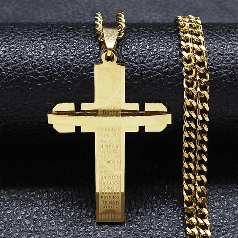 Hip Hop Spanish Lord's Prayer Cross Necklace for Women Men Gold Color Stainless Steel Bible Verse Chain collar hombre N6207GD