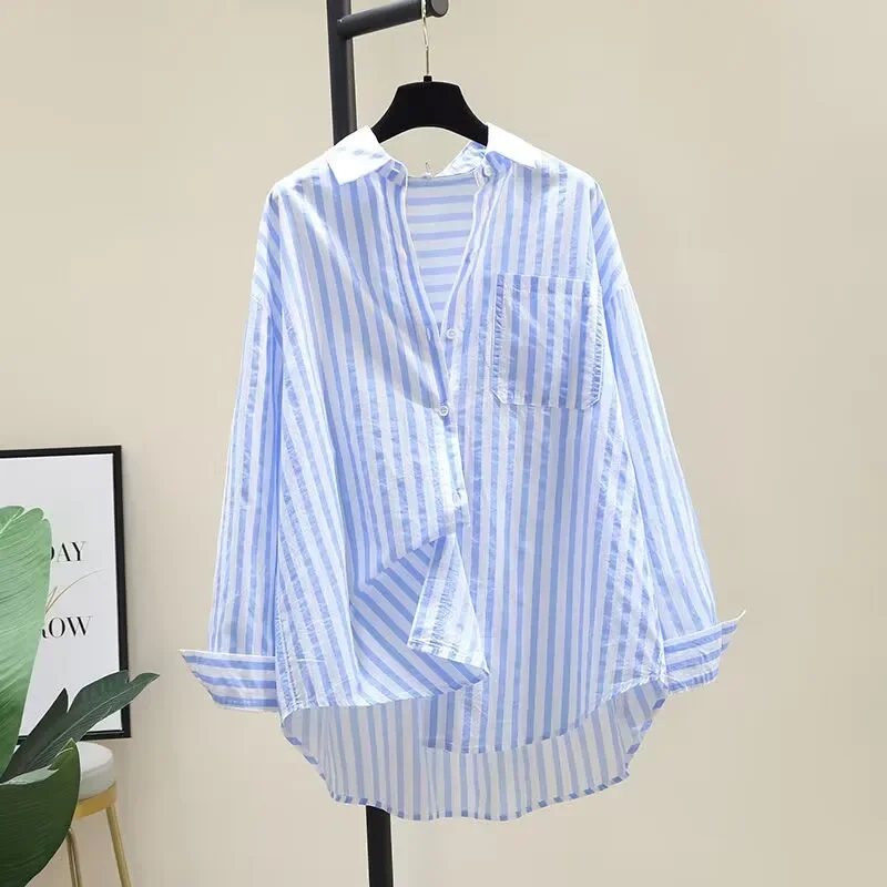 

Fashionable Striped Loose Long Sleeve Women's Shirt Spring Summer New Style Inner Wear Sun Protection Polo Collar Button Detail