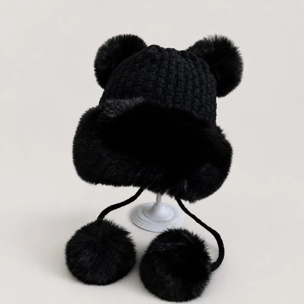 Fashion Lined Bear Ear Knit Hat Thermal Insulation Fluffy Trapper Hat Windproof 4 Pom Poms Earflap Hat Outdoor