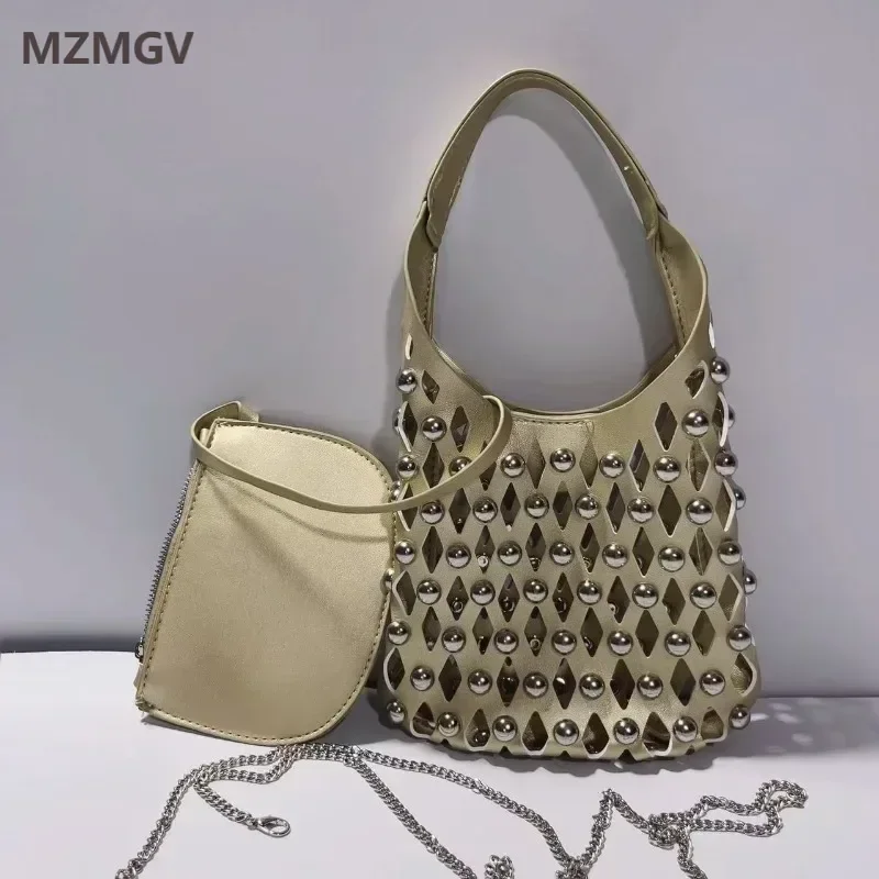 

Trendy Hollowed-out Woven Solid PU Handbag Punk Rivet Design Women's Bag Motorcycle Bucket Bag Chain Crossbody Bolso Mujer