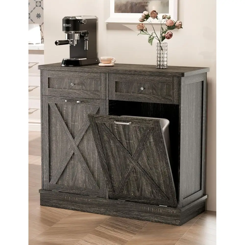 

Farmhouse Style Kitchen Trash Cabinet, Double Tilt Out Trash Can Cabine with Barn Door, Solid Wood Tabletop, Pet Proof, Odor Blo