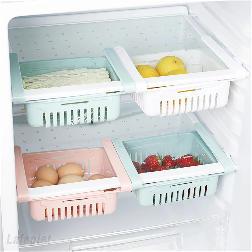 Household Organizer Fridge Fruit Storage Box Extendable Refrigerator Storage Shelf Holder Pull-out Drawer Kitchen Accessories