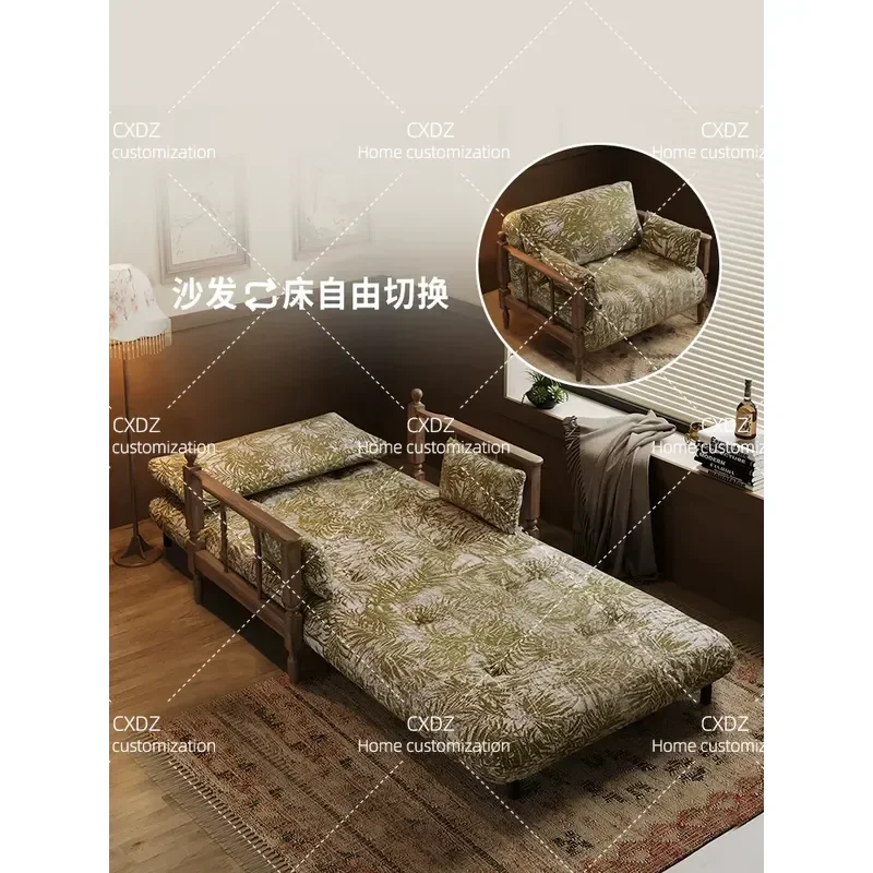 Retro Solid Wood Sofa Bed Foldable Dual Purpose Small Apartment Multifunctional Sofa Chair 2026 New