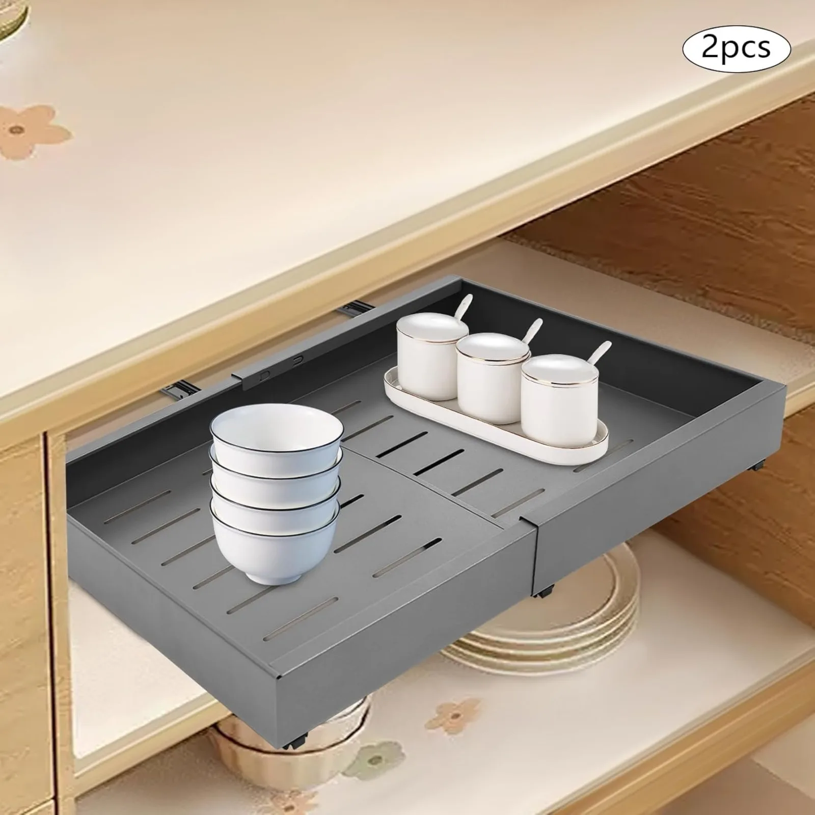 Tiroir de meuble extractible à largeur réglable 32-52 cm BYMAOCAR, lot de 2 tiroirs télescopiques, sans perçage ni clous requis
