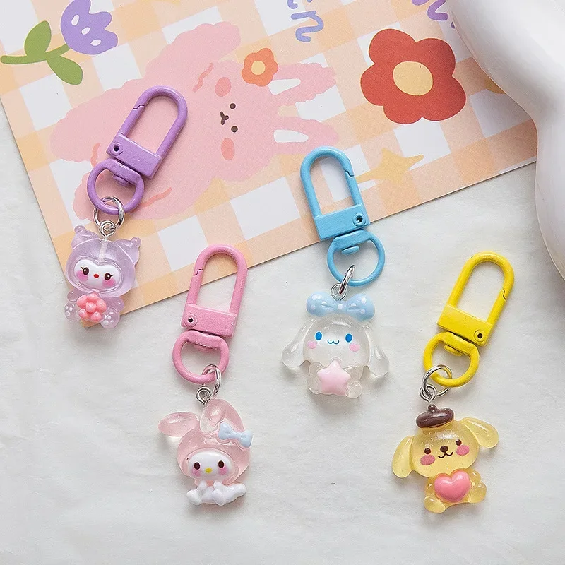 1set Kawaii Kuromi Keychain Cartoon My Melody Cinnamoroll Resin Fine Flash Backpack Pendant Decoration Toy Jewelry Birthday Gift