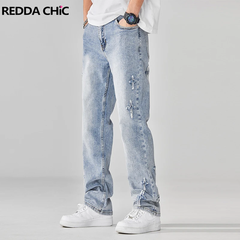 

REDDACHIC Distressed Star Stitch Men's Jeans Y2k Vintage Frayed Trousers Loose Casual Straight Pencil Pants Harajuku Streetwear