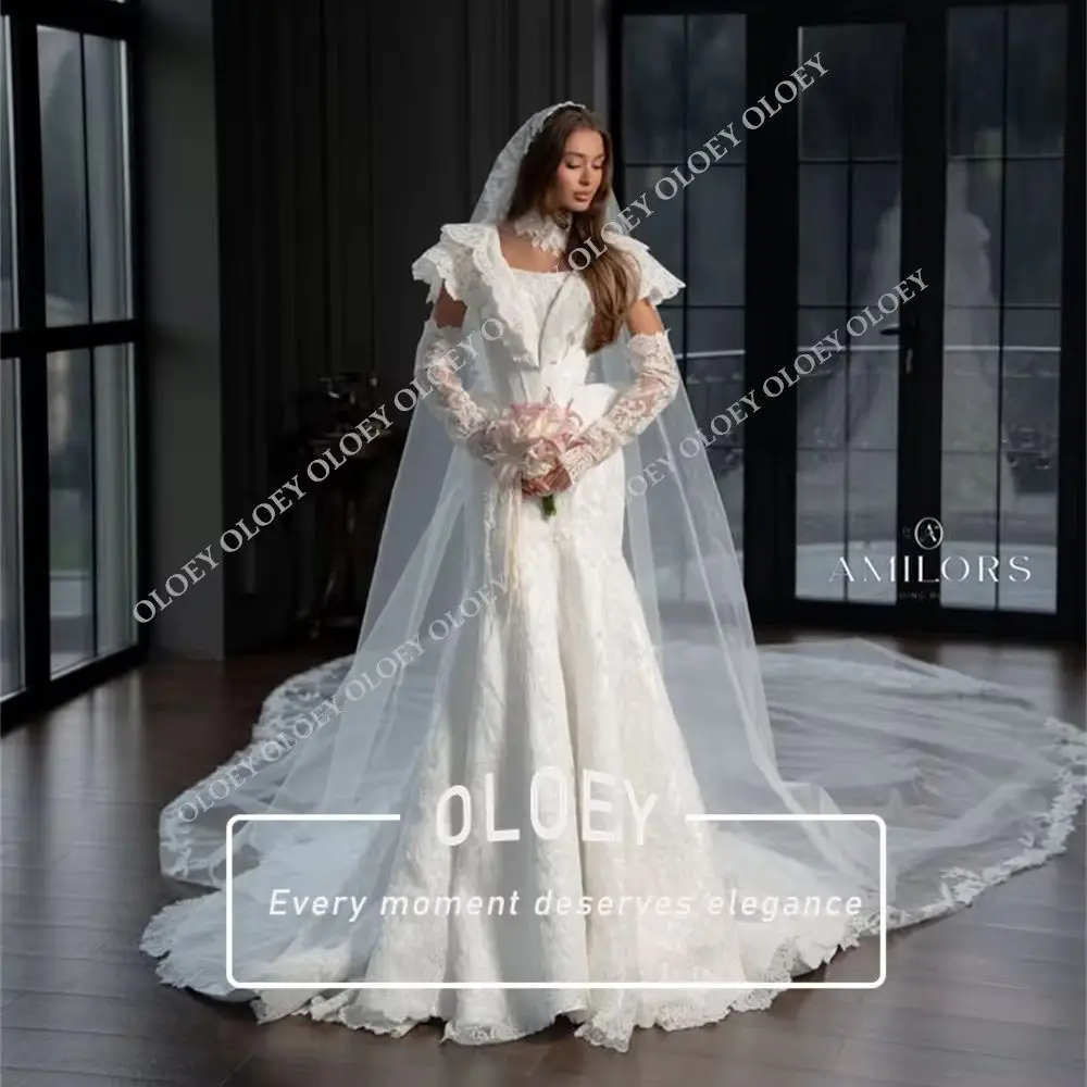 OLOEY Luxury Lace A-Line Wedding Dress Square Neck Detachable Long Sleeves Cathedral Train Bridal Gown 2027 Customized