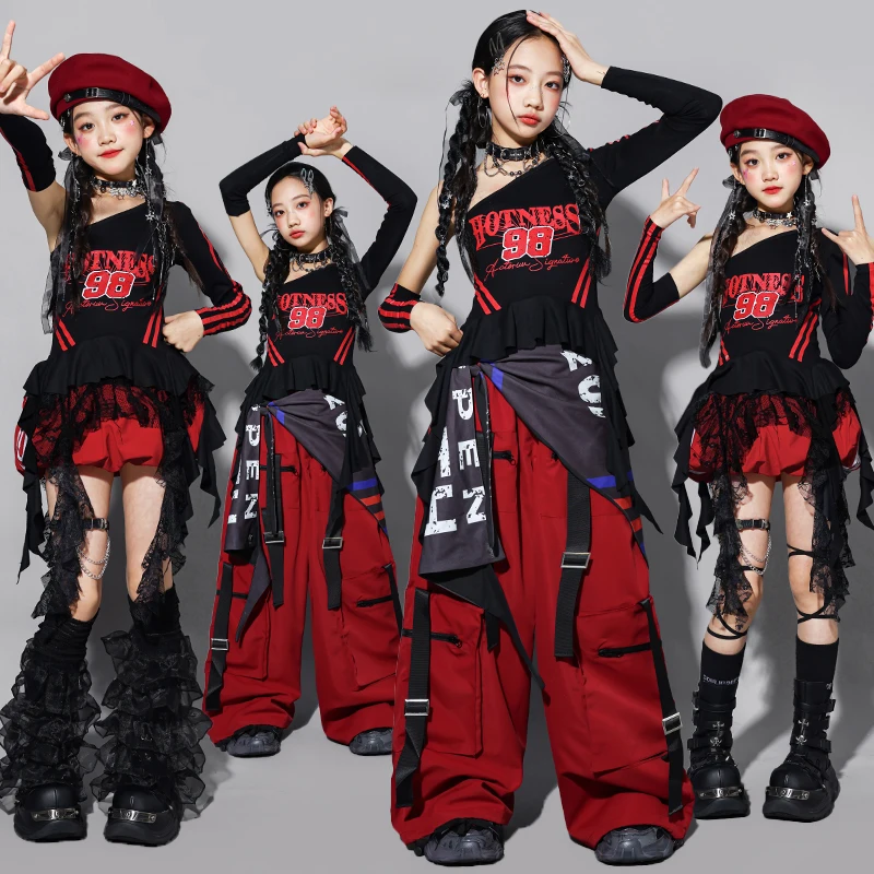 Girls K-pop Black Crop Top Street Dance Cargo Pants Kids Hip Hop Jazz Girl Group Clothes Sets Children Streetwear Teens Costumes