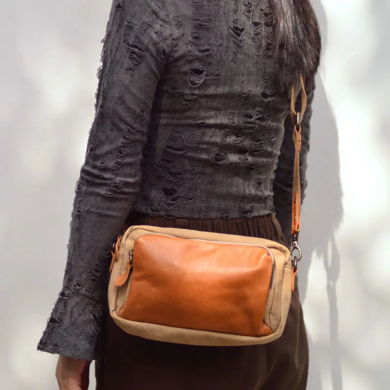 Retro Canvas Crossbody Bag Women's Fashionable Artistic Backpack Shoulder Bag Soft Leather Zipper Closure Daily Use Medium Size
