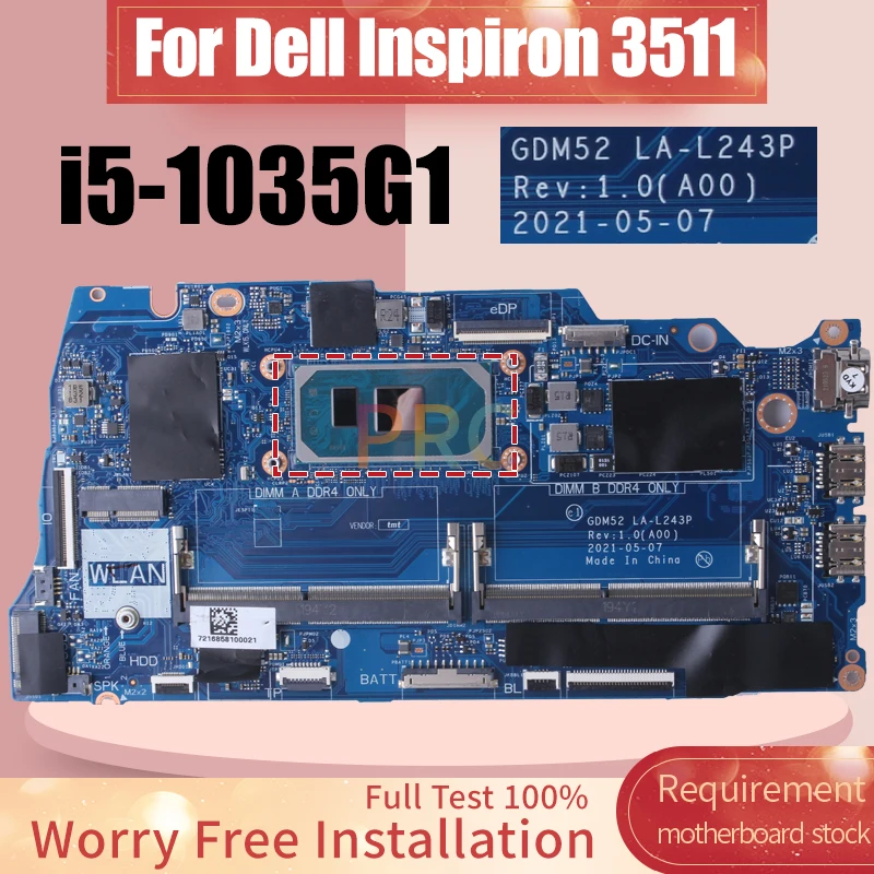 Imagem -02 - Placa-mãe Portátil para Dell Inspiron 3511 Gdm52 La-l243p Cn03p9hh Or6r3h Srgkl I51035g1 Notebook Mainboard