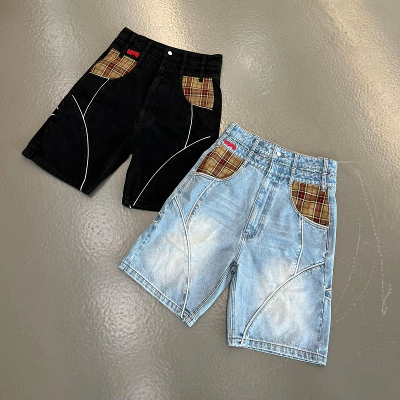 

Y2K Gale Shorts Plaid Pocket Double Waist Jorts Men New Retro Hip Hop Casual Streetwear Splice Design Unisex Baggy Denim Shorts