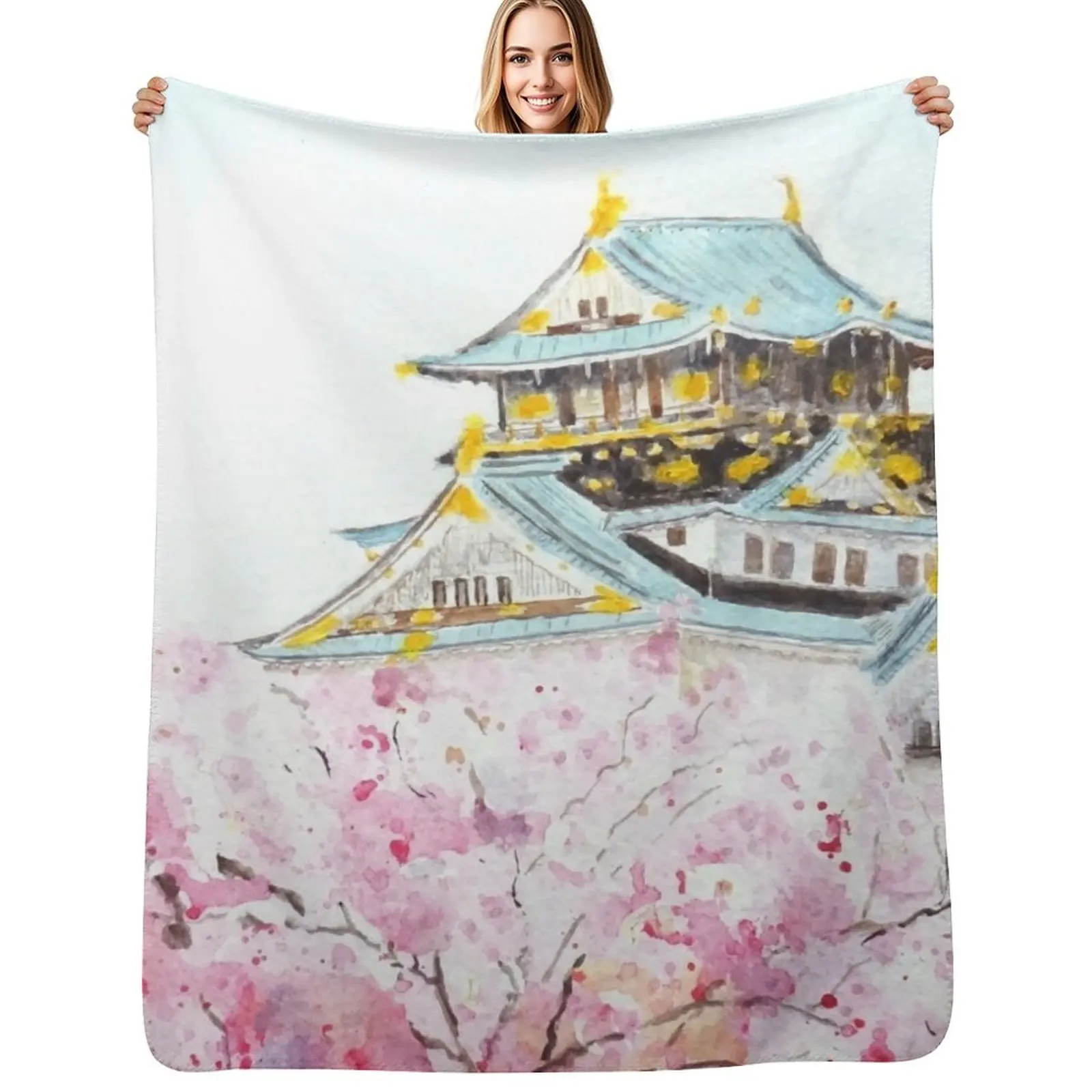 

hand painted Japan Osaka castle and sakura watercolor painting Throw Blanket Custom decorative Sofas Blankets