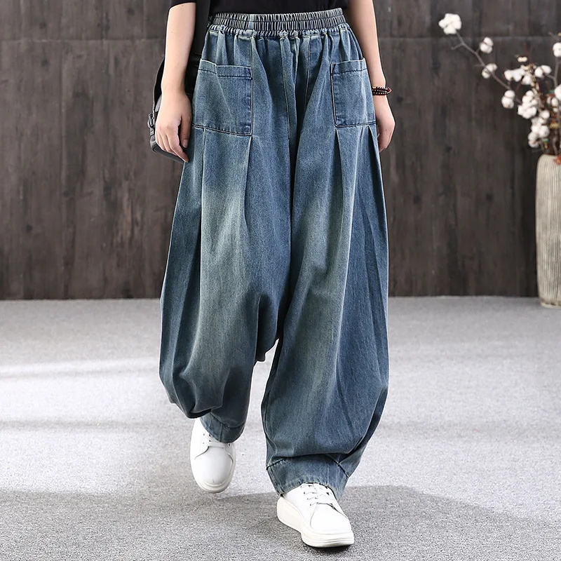

SuperAen Autumn New Korean Loose Oversized Women's Vintage Pants Pockets Pleated Elastic Waist Long Pants