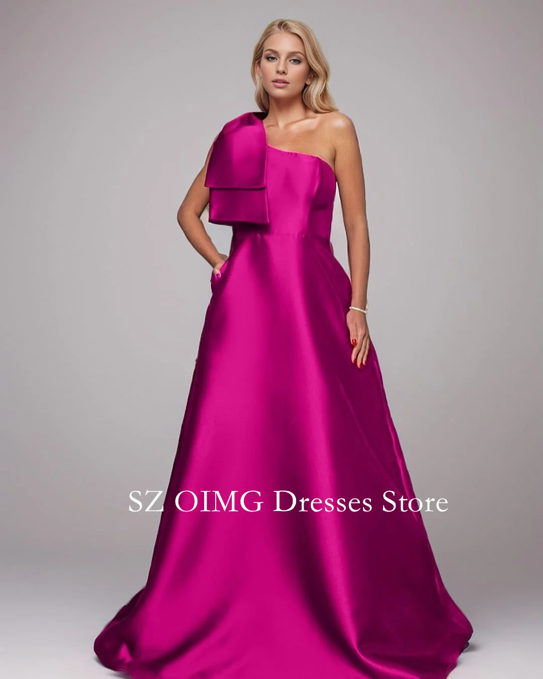 

Colavis 2024 New Women's Maxi Satin One-Shoulder A-Line Evening Party Dress Fuchsia Sleeveless Ruched Prom Dress Gowns