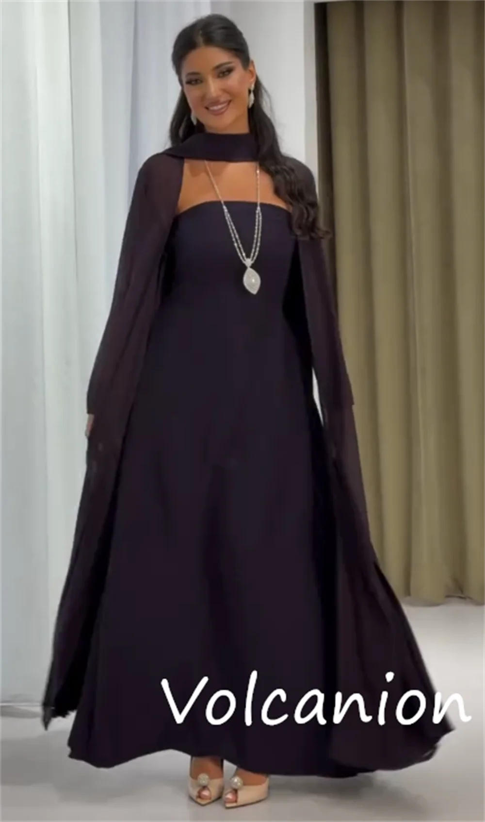 Customized Fashion Formal Jersey Pleat A-line High Collar Midi Dresses Bespoke Occasion Chinese Style