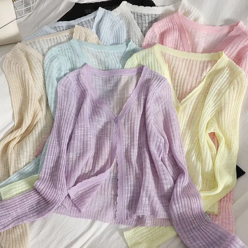 Casual Stylish Long Sleeve Knitted Thin Cardigan Women's Spring and Autumn 2024 New Style Vertical Striped V-neck Short Top L15