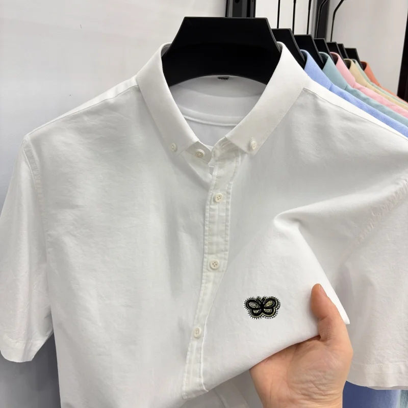 100% pure cotton men short sleeve shirt high-quality brand fashion butterfly embossed summer new breathable casual business top