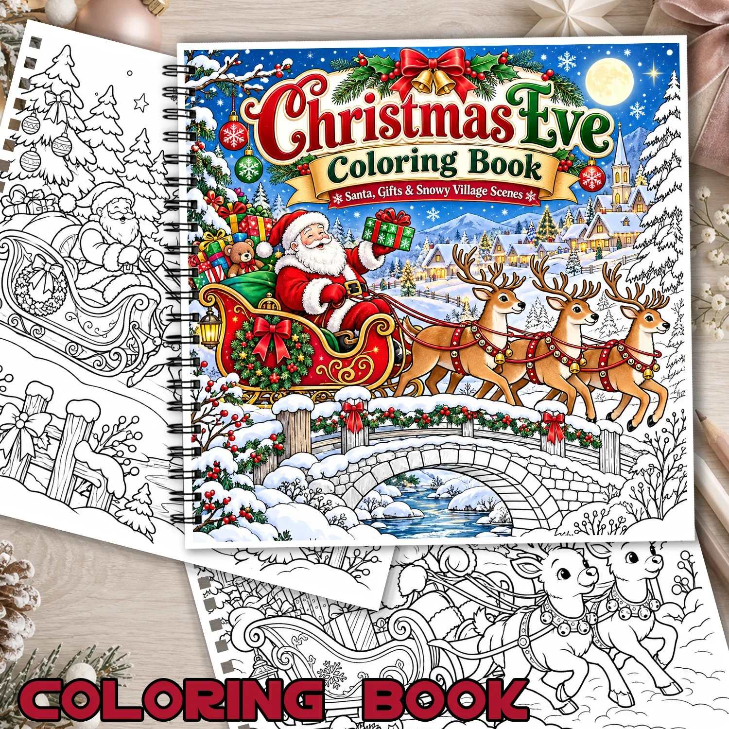Coloring Book Christmas Eve Theme Santa Sleigh Snowy Village 24Sheets Showcasing Creativity Relieving Stress Relaxing Body Mind
