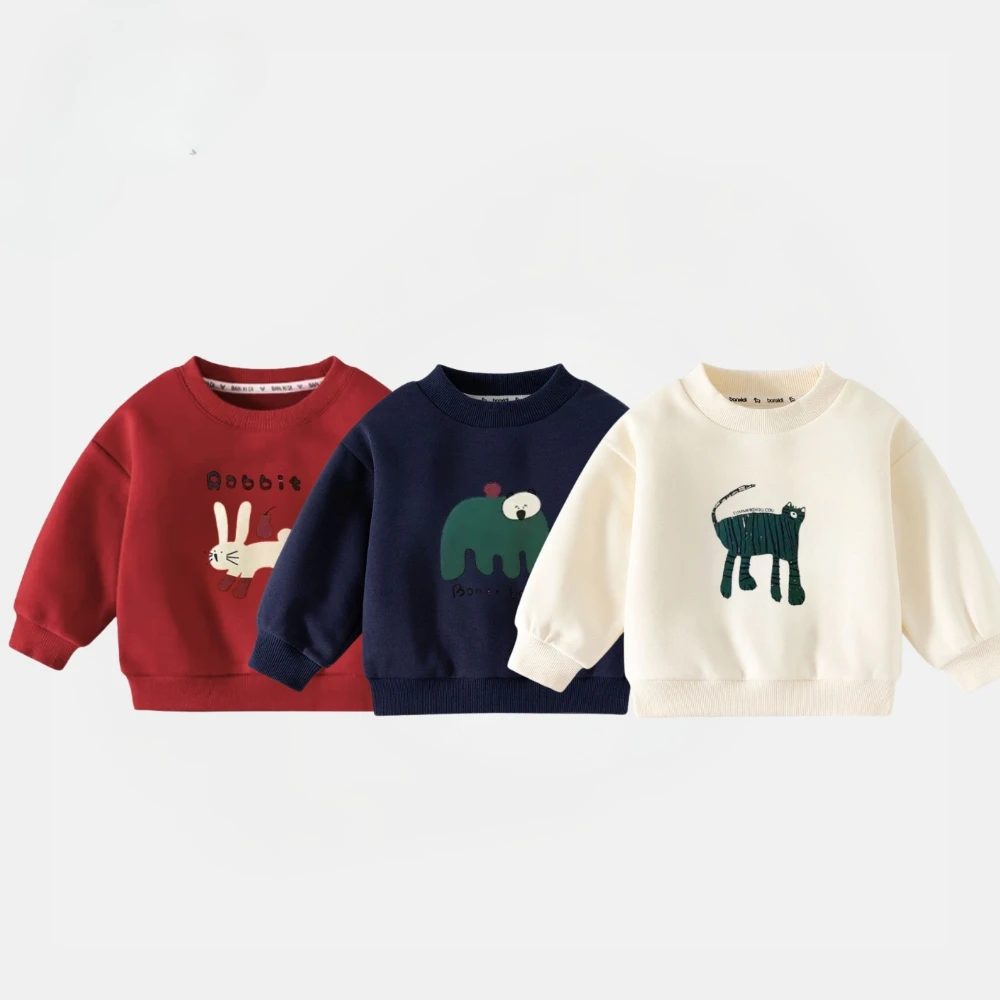 Einfarbig Einfache Mode Kinder Langarm Tops Lose Beiläufige Dünne Herbst Crewneck Hoodie Kinder Kleidung Cartoon Sweatshirts