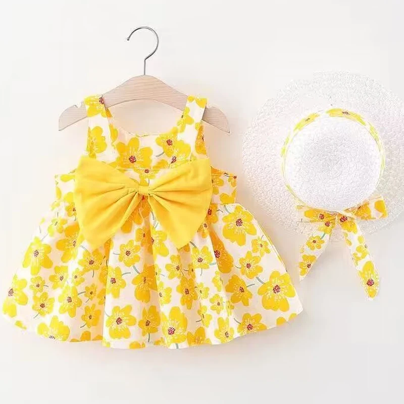 New girl floral dress sweet summer bow toddler beach dress per bambini dai 0 ai 3 anni abbigliamento neonato + cappello set di 2 pezzi