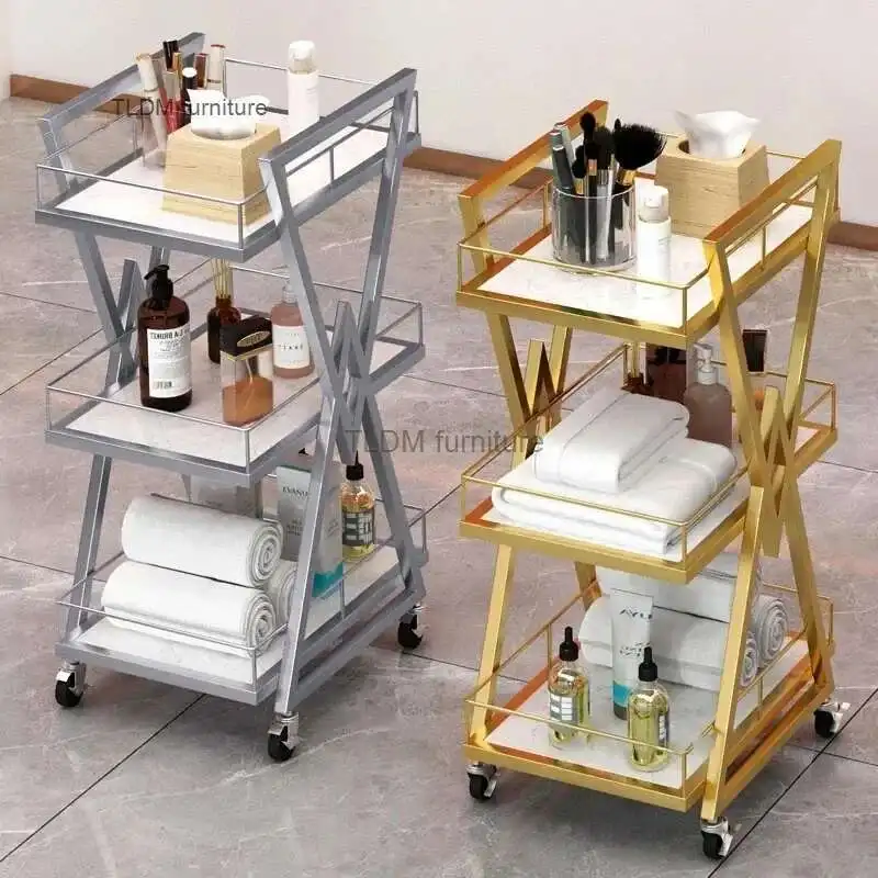 

Salon Beauty Tool Salon Trolleys Iron Modern Cart with Wheels Nordic Salon Furniture Professional Auxiliary Trolley Storage Rack