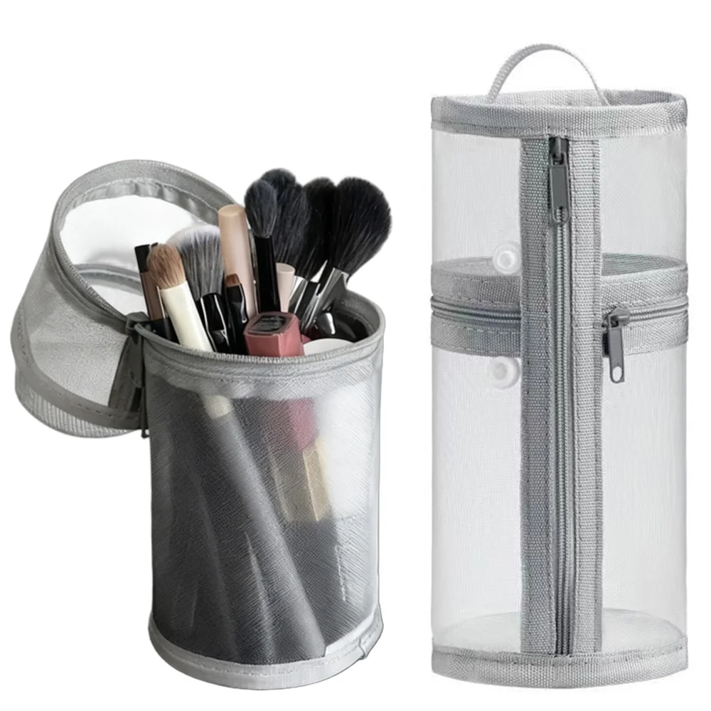 Bolsa de armazenamento de pincel de maquiagem de dupla utilização de malha portátil caso de escova simples grande capacidade suporte de balde de escova bolsa de viagem de pé