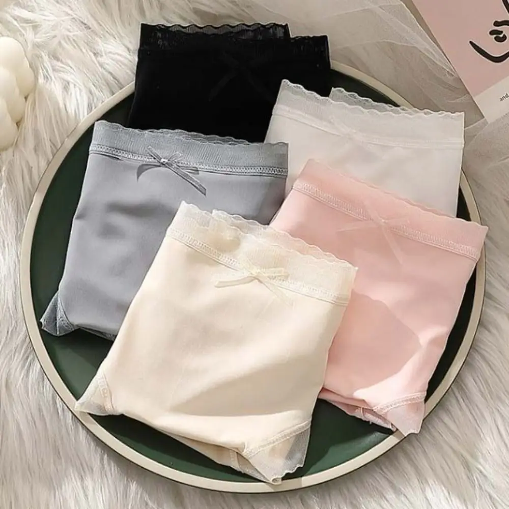 Lightweight Bow Ice Silk Panties Mid Waist Transparent Ruffle Briefs Female Lingerie French Style Underpants for Women Women