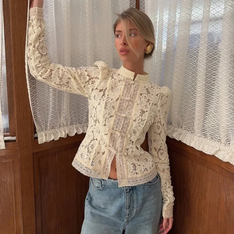 

Talenza Lace Hook Flower Shirt For Women Long Sleeve Patchwork Single Breasted Cardigan Female Fashion Elegant Party Slim Shirt