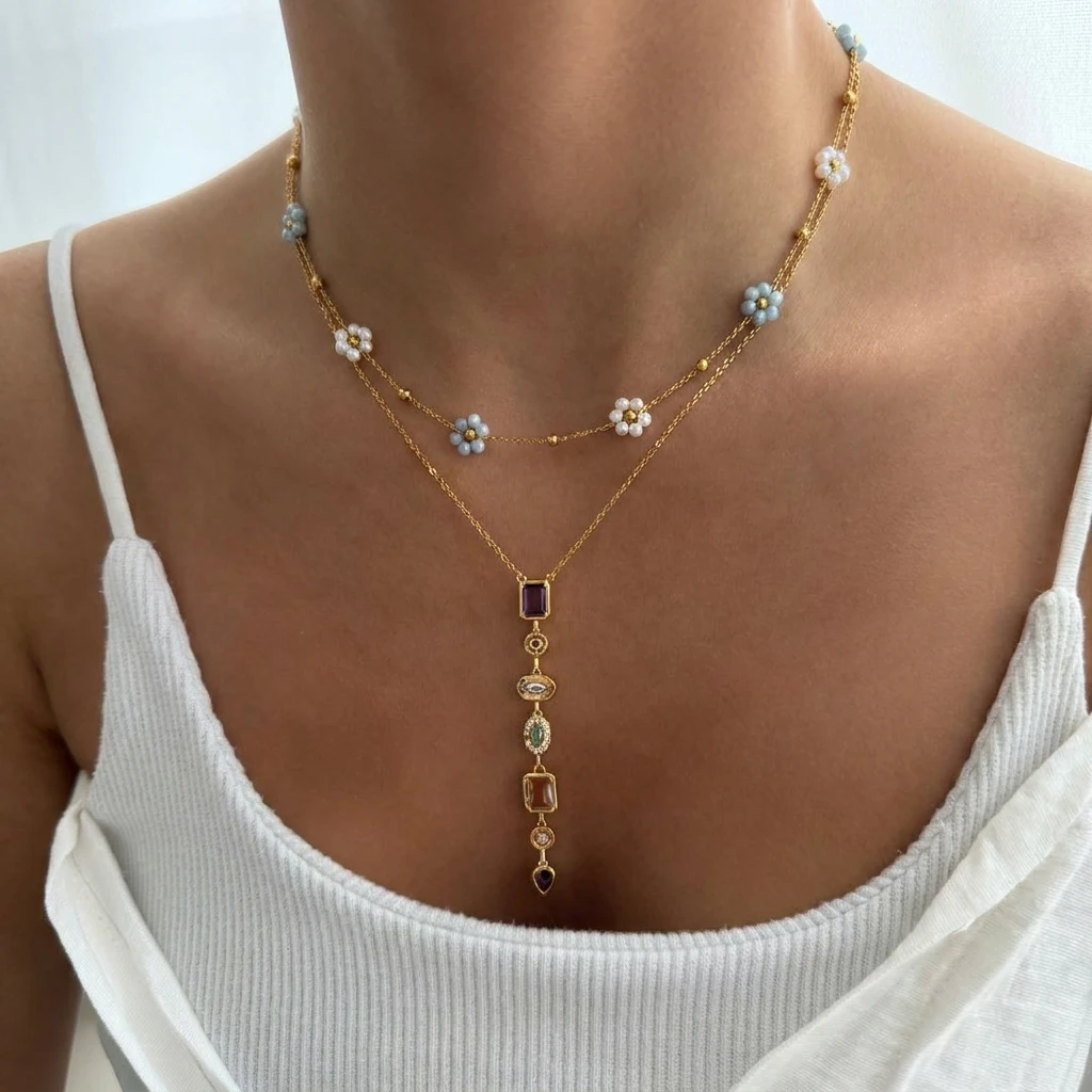 Zartes, PVD-vergoldetes, mehrschichtiges Halsketten-Set aus Edelstahl für Damen, bunte Kristall-Quasten-Blumenketten, Party-Schmuck, Geschenk – Detail 5