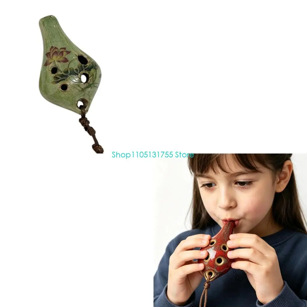 K0EF Practical Beginner Ceramic Ocarina 6 Hole Pendant Instrument with Cord for Students, Classroom Study and Regular Practice