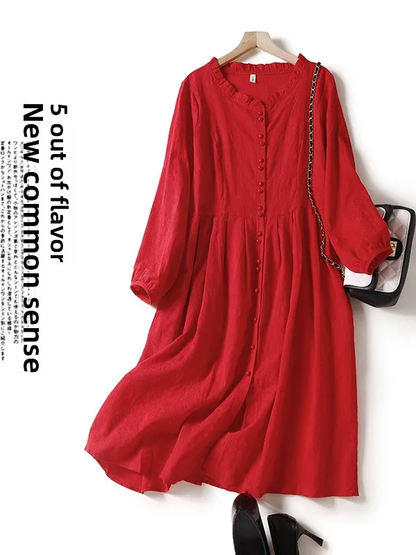 

Ele Pure Color Floral Embroidery Dr Women's Autumn Large Size Artistic Vintage Long Dr Korean Sle Button Detail