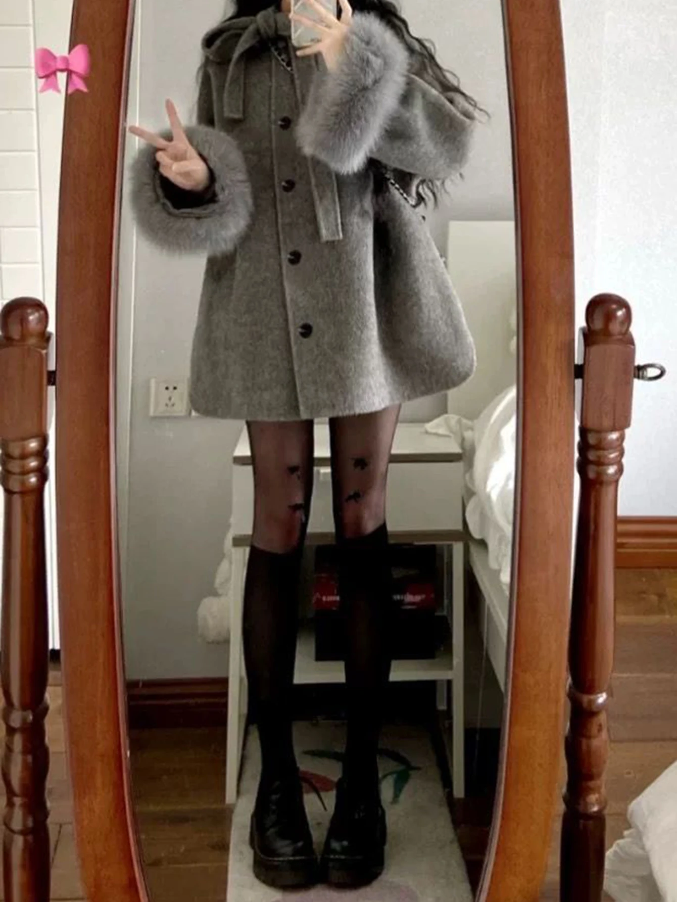 معطف صوفي رمادي على طراز Hebe للنساء لخريف وشتاء جديد متوسط الطول مع عقدة على شكل فيونكة ملابس خارجية صغيرة الحجم ودية #3