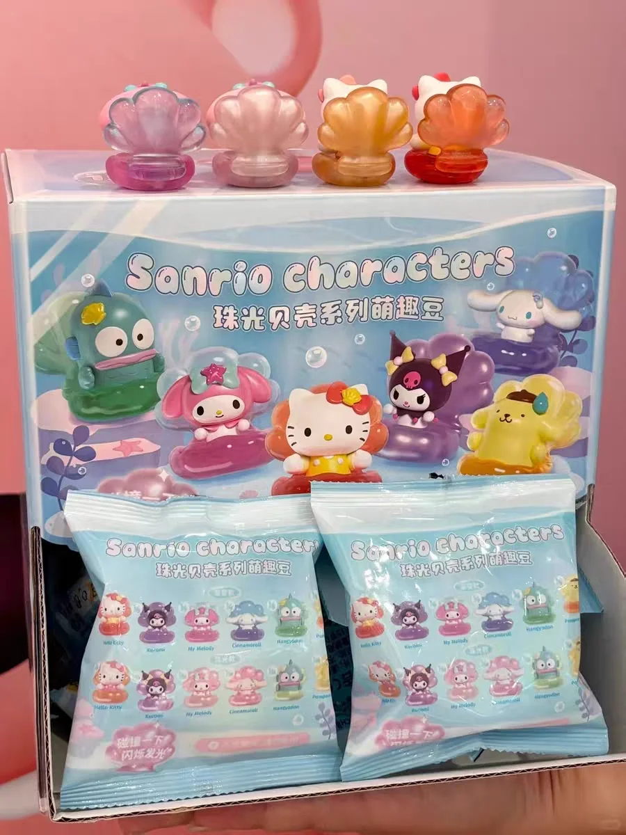 Sanrio-caja ciega de frijol de la serie Pearl Shell, adorno de figura de escritorio de tendencia Kuromi Hangyodon, muñeca Hellokitty, regalo de cumpleaños para niños