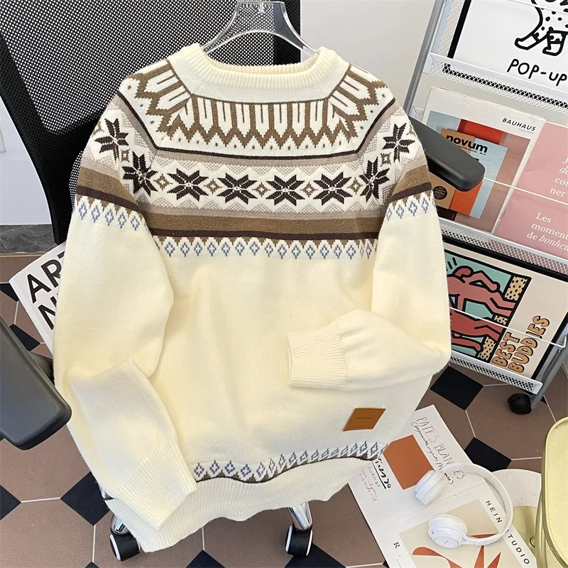 

Lazy Retro Jacquard Round Neck Knitted Sweater Winter Sweater