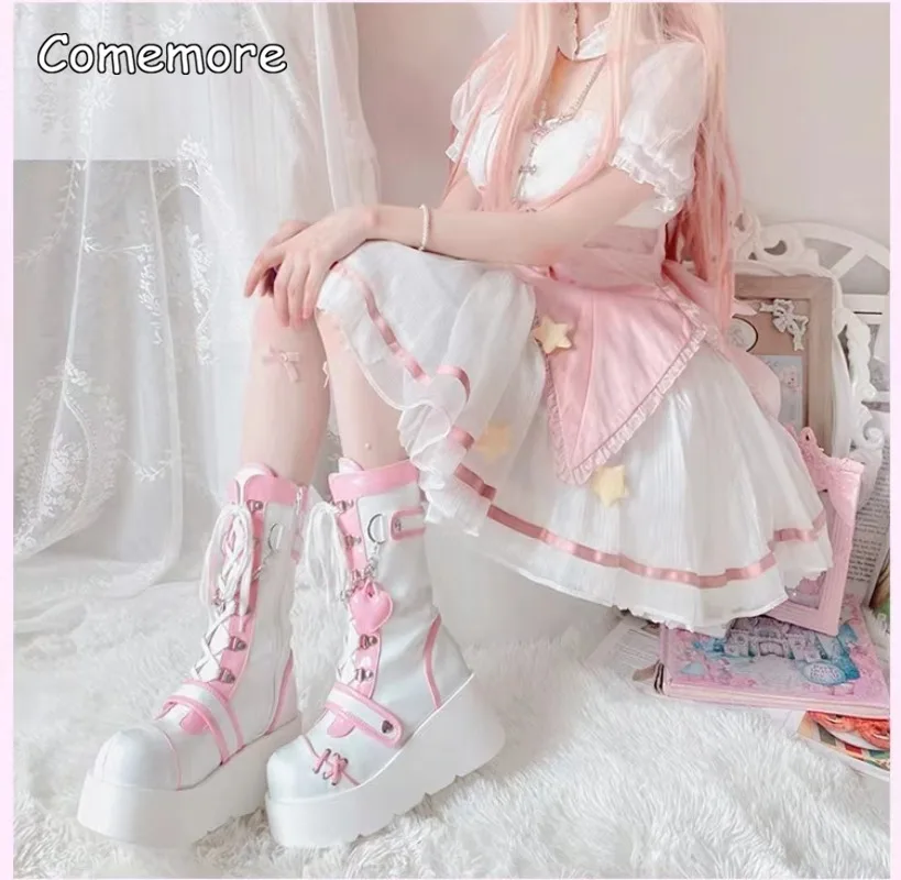 

Comemore Lace Up Cute Lolita Platform Punk Gothic Roleplay Party Sweet Cool Women Boots Shoes 2023 Fashion Wedge Heel Long Boot