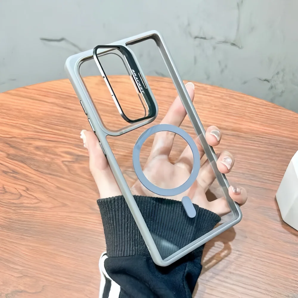 For Magsafe Hidden Camera Lens Holder Clear Case For Samsung S25 S22 S23 FE S24 Ultra Plus A56 A36 A16 A06 Shockproof Hard Cover