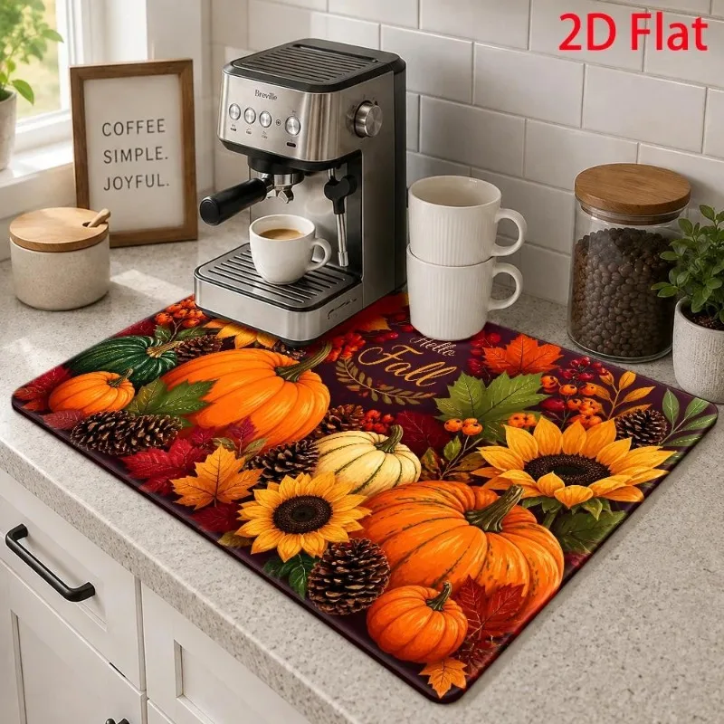 Dish Drying Mat 2D Flat Christmas Poinsettia Cushion Super Absorbent Coffee Cup Pattern Holiday Kitchen Countertop Placement
