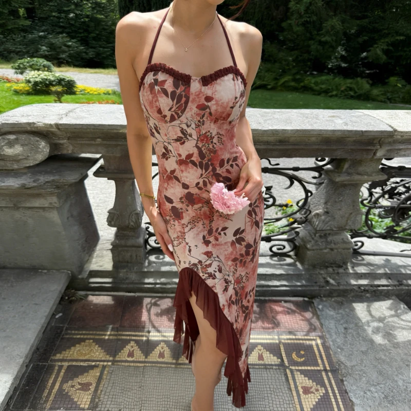 

Tsiisd Elegance Floral Print Long Dress Women Necklace Backless Sexy Romantic Summer Beach Vacation Party Dress Female Dress New