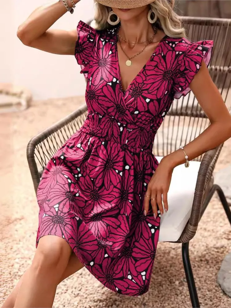 

Fashion V-Neck Printed Dress Women's Petal Sleeve Mini Dresses 2025 Summer Party A-Line Elegant Party Club Dress Female Vestidos