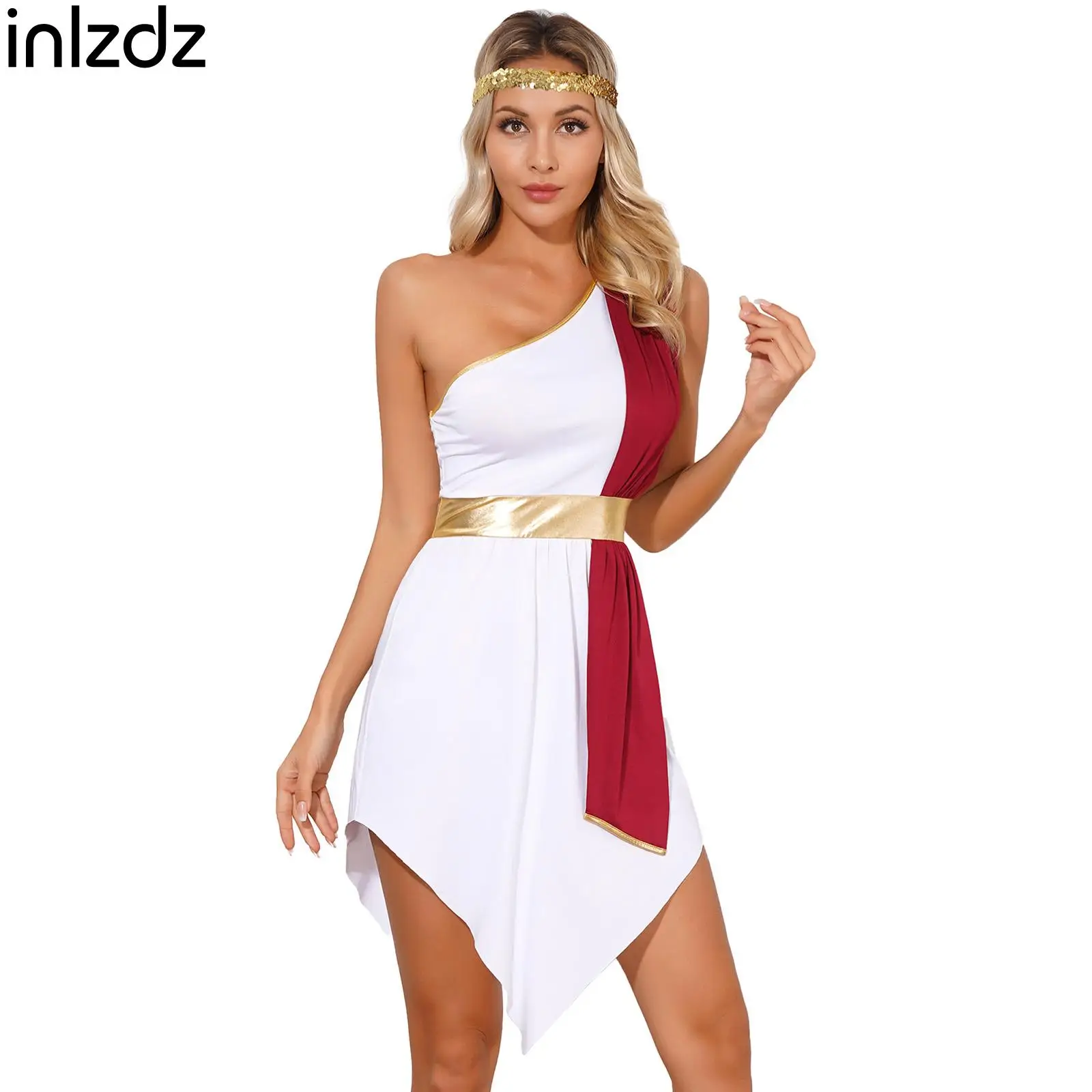 

Women Roman Greek Role Play Outfit Halloween Party Costume Dress Irregular Hem One Shoulder Sleeveless Dress+Sequin Headband