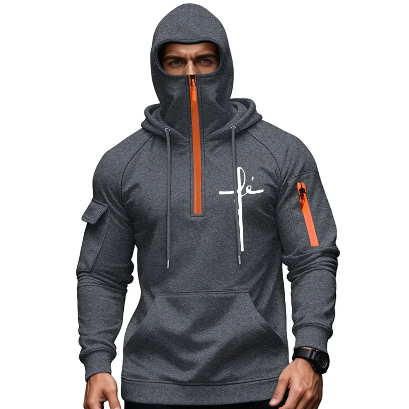 

Мужская уличная модная толстовка с несколькими карманами и перекрестным узором, с полумолнией и двойным капюшоном, осенне-зимний спортивный повседневный пуловер, толстовки