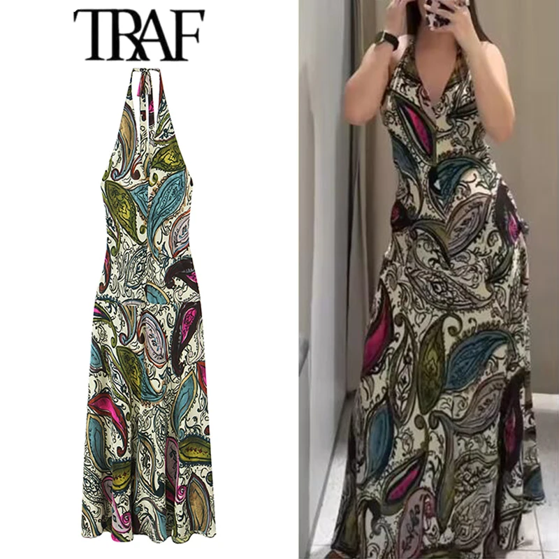 

TRAF New Fashion Printed Elegant Long Dresses for Women 2025 Summer Halter Midi Dress Backless Sexy Female Evening Party Dresses