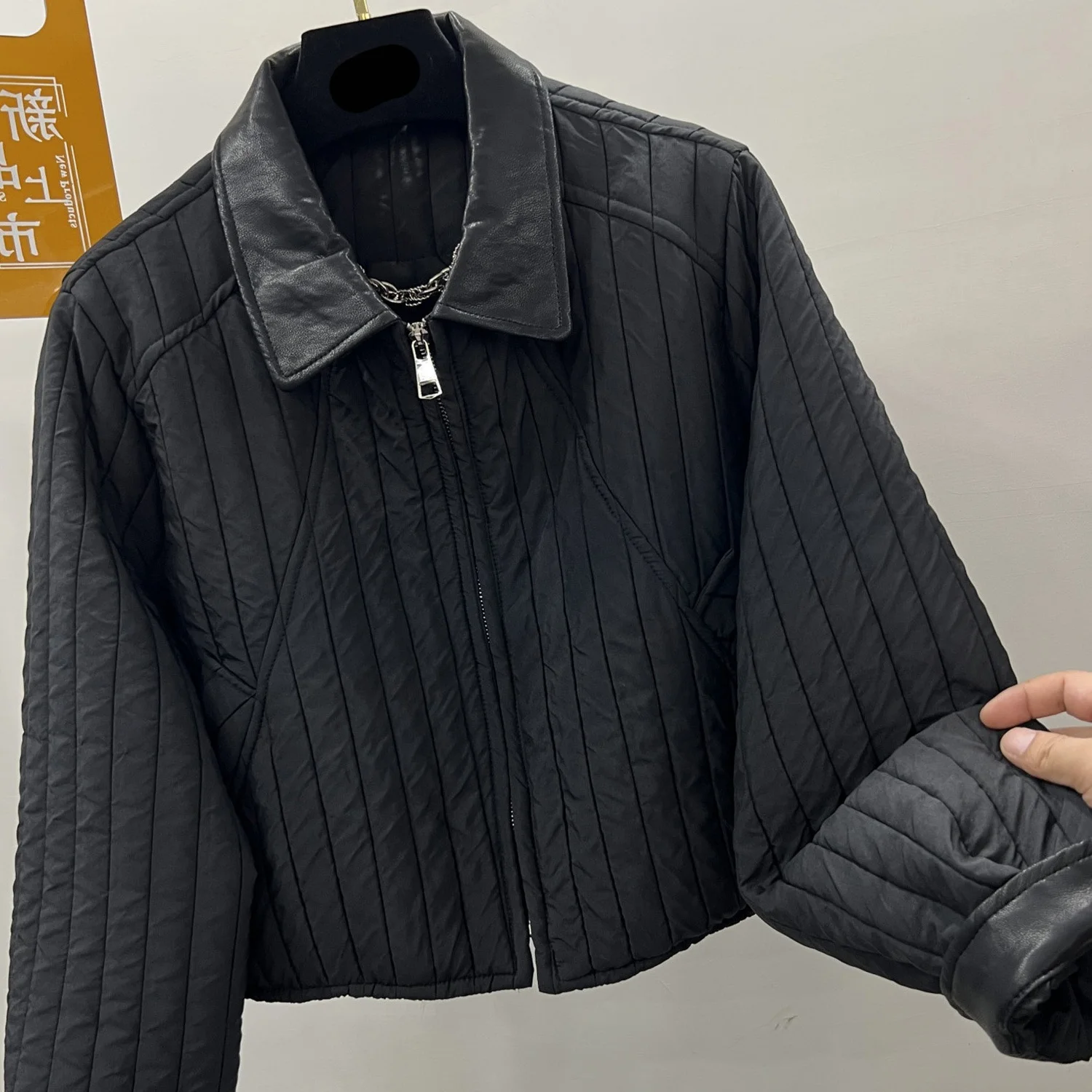 

Thin Cotton Jacket for Women Leather Collar Design Short Coat European Autumn Winter New Fashionable Versatile Clothes Trendy